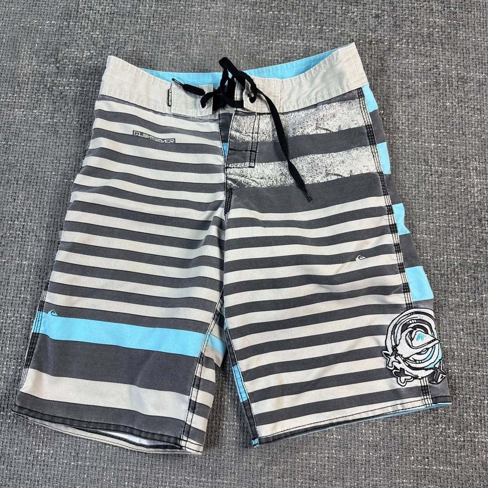 Quiksilver Board Shorts Mens 28 Grey Blue Striped Y2K Surf Swim Trunks